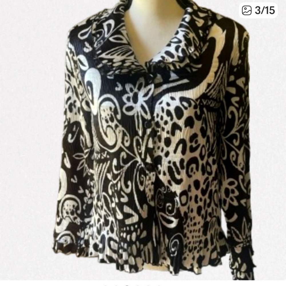 Bala Bala Black & White Abstract Crinkle Dressy  Statement  Blouse Size L